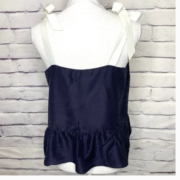 J. Crew Women's Navy & Cream 100% Silk Bow Tie V-Neck Sleeveless Peplum Top 4 - Picture 3 of 3